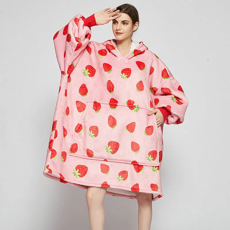 Oversized Wearable Blanket Hoodie Winter Cute Print Fleece Sleepwear Warm And Cozy Sofa Homewear