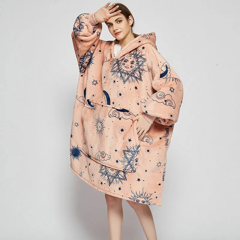 Oversized Wearable Blanket Hoodie Winter Cute Print Fleece Sleepwear Warm And Cozy Sofa Homewear