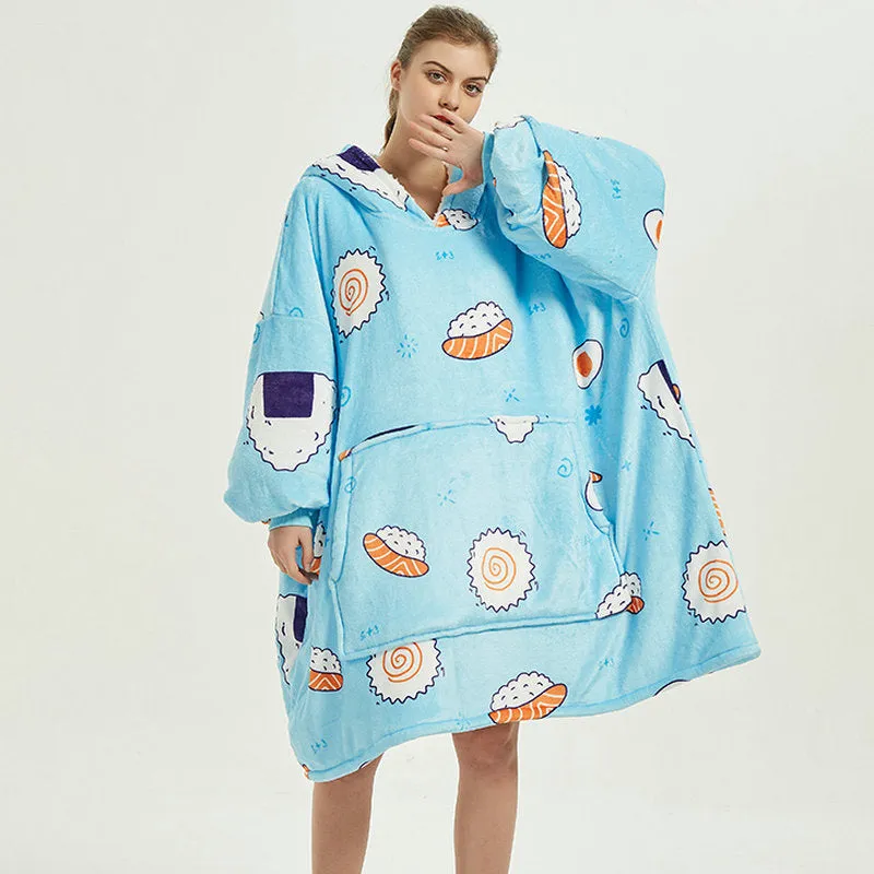 Oversized Wearable Blanket Hoodie Winter Cute Print Fleece Sleepwear Warm And Cozy Sofa Homewear