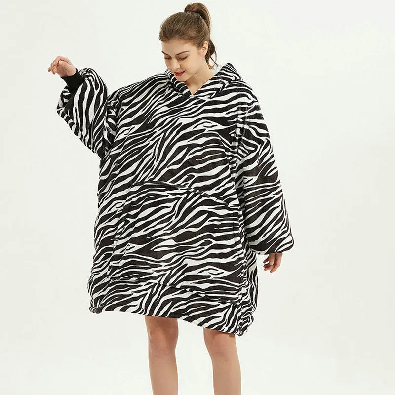 Oversized Wearable Blanket Hoodie Winter Cute Print Fleece Sleepwear Warm And Cozy Sofa Homewear