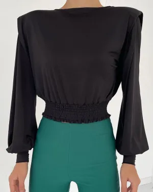Padded Shoulder Lantern Sleeve Backless Beaded Strap Topbe