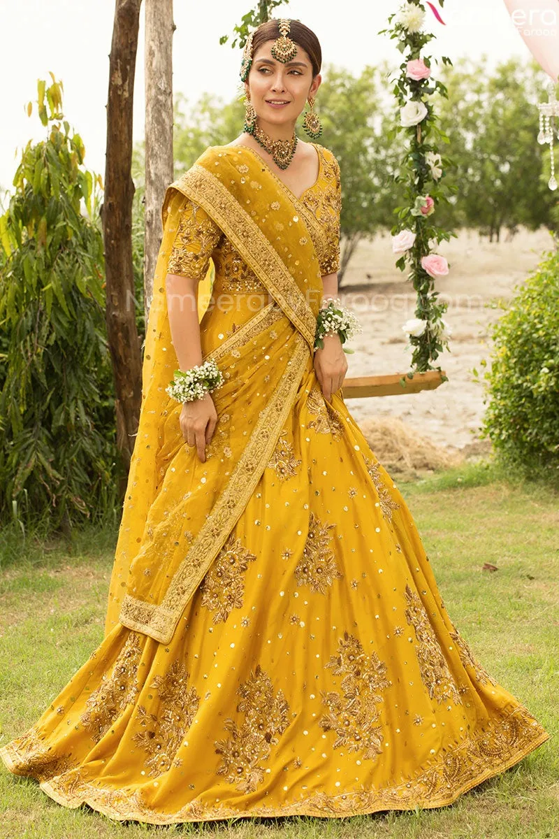 Pakistani Designer Embroidered Yellow Lehenga Choli #BN845