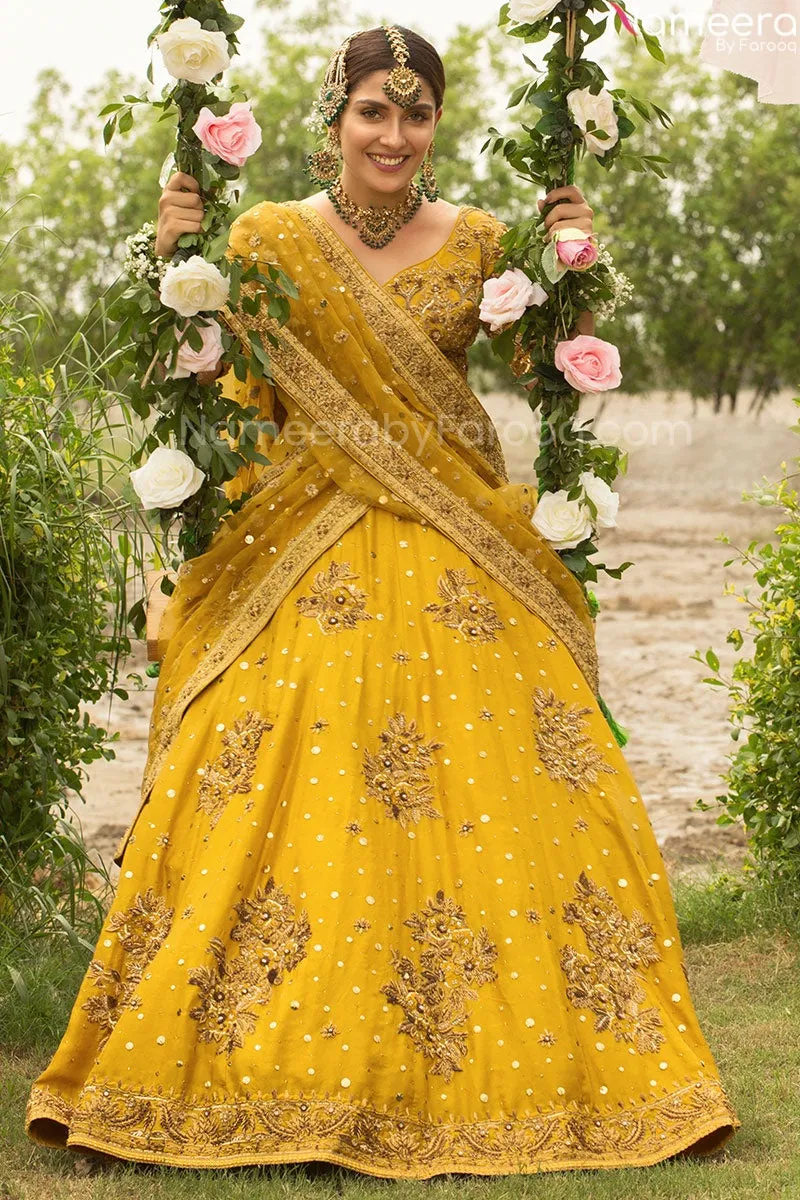Pakistani Designer Embroidered Yellow Lehenga Choli #BN845