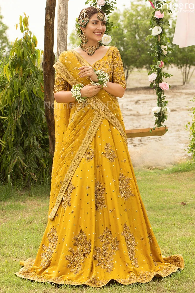 Pakistani Designer Embroidered Yellow Lehenga Choli #BN845