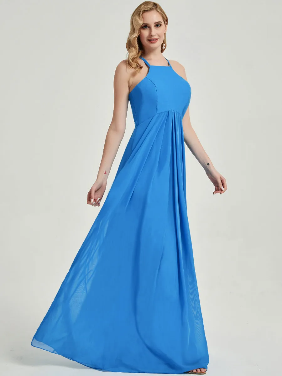 Pale Rose Halter Empire Pleated Backless Chiffon Maxi Bridesmaid Dress