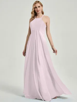 Pale Rose Halter Empire Pleated Backless Chiffon Maxi Bridesmaid Dress