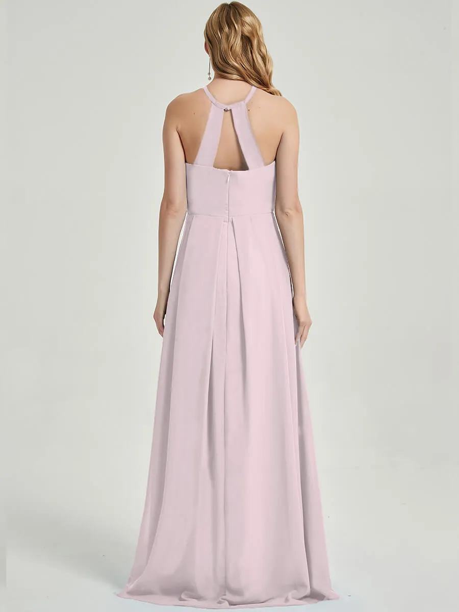 Pale Rose Halter Empire Pleated Backless Chiffon Maxi Bridesmaid Dress