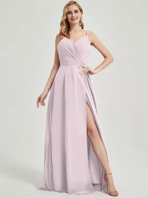 Pale Rose Spaghetti Straps V-Neck Slit Lace Chiffon Bridesmaid Dress