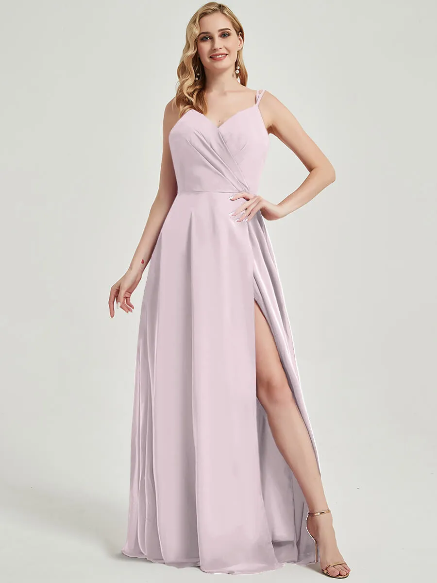 Pale Rose Spaghetti Straps V-Neck Slit Lace Chiffon Bridesmaid Dress