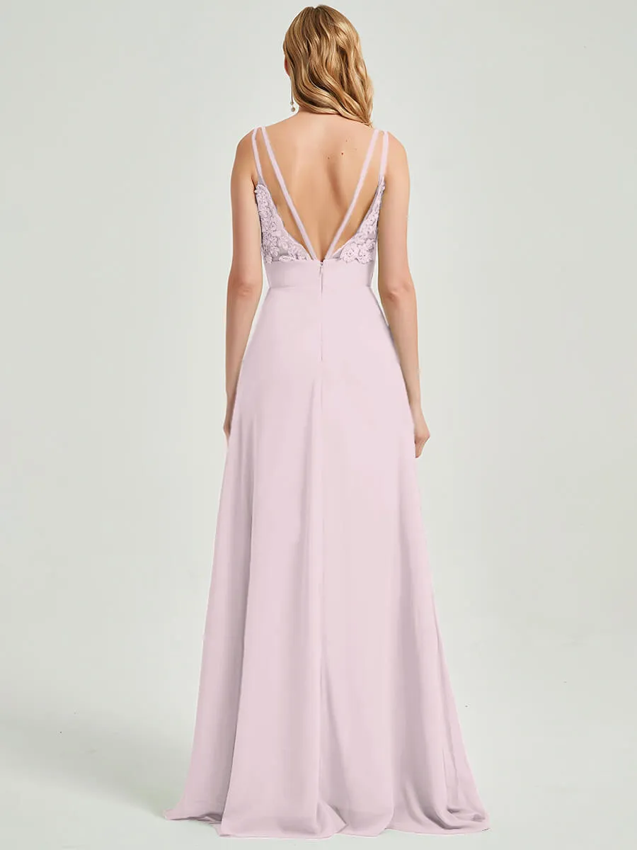 Pale Rose Spaghetti Straps V-Neck Slit Lace Chiffon Bridesmaid Dress