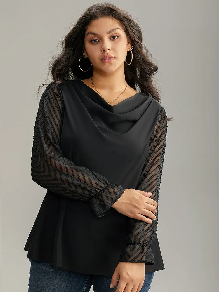 Patchwork Mesh Texture Cowl Neck Blouse