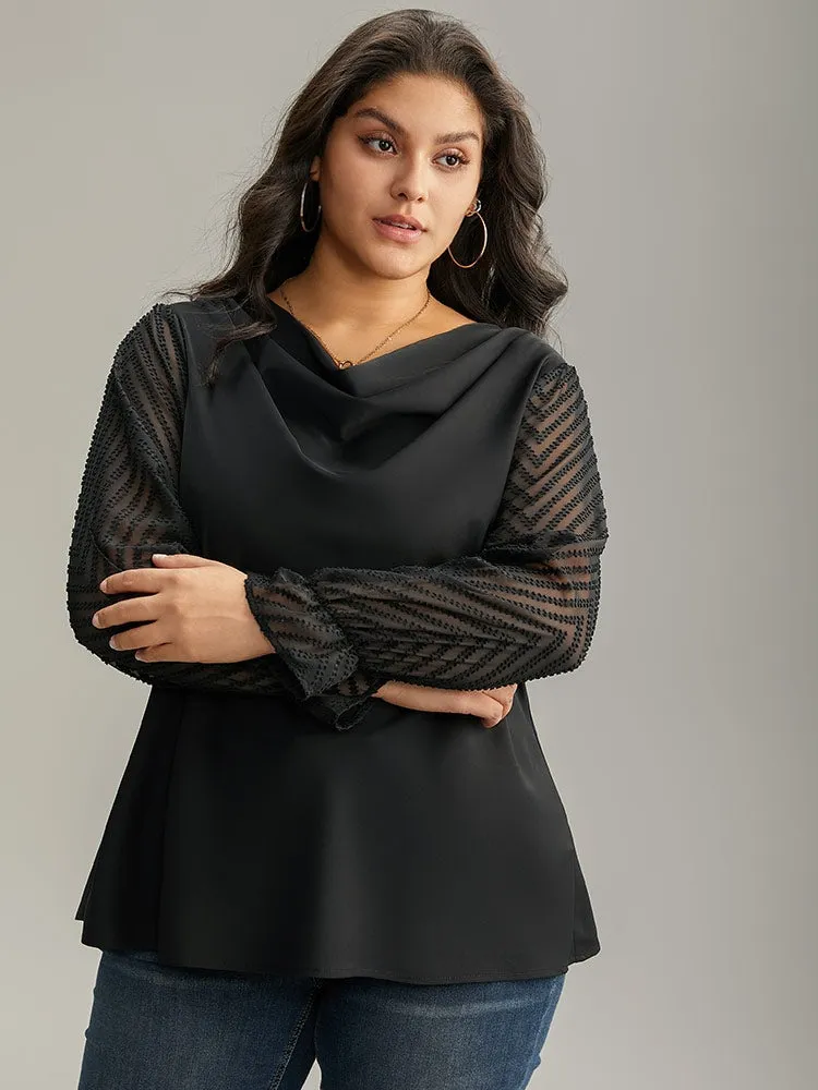 Patchwork Mesh Texture Cowl Neck Blouse