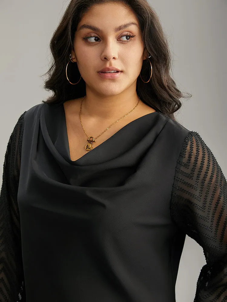 Patchwork Mesh Texture Cowl Neck Blouse