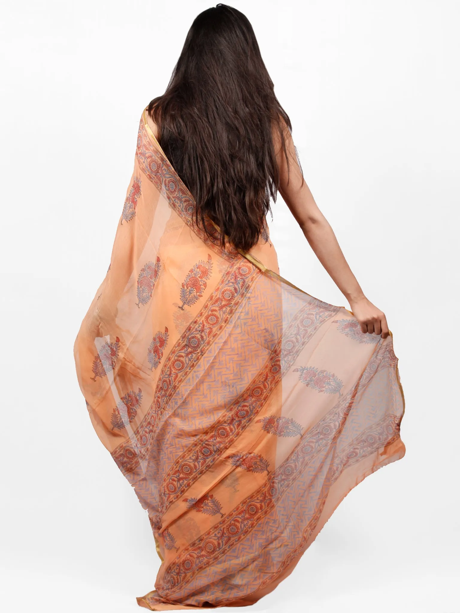 Peach Coral  Hand Block Printed Chiffon Saree with Zari Border - S031703285