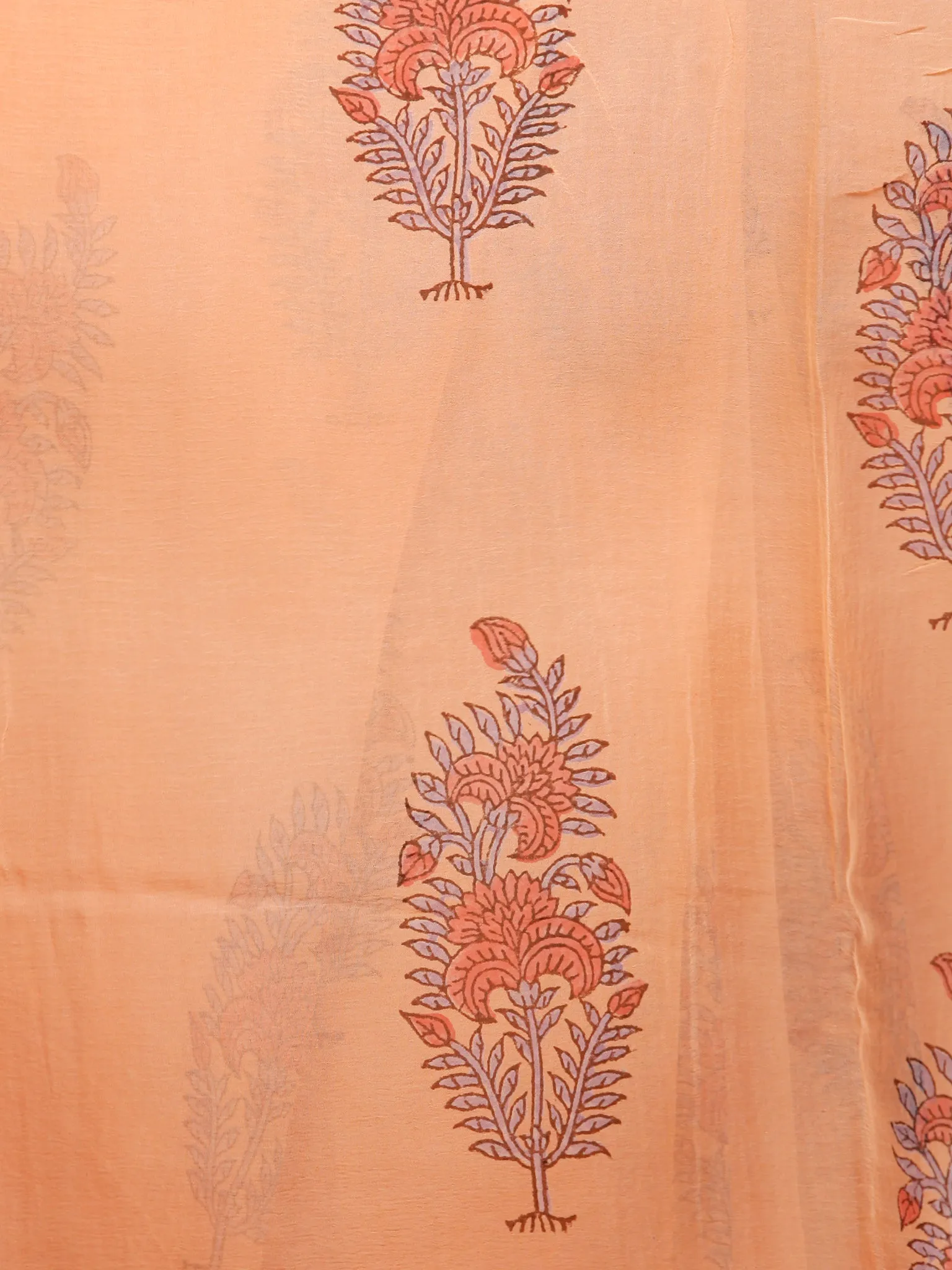 Peach Coral  Hand Block Printed Chiffon Saree with Zari Border - S031703285