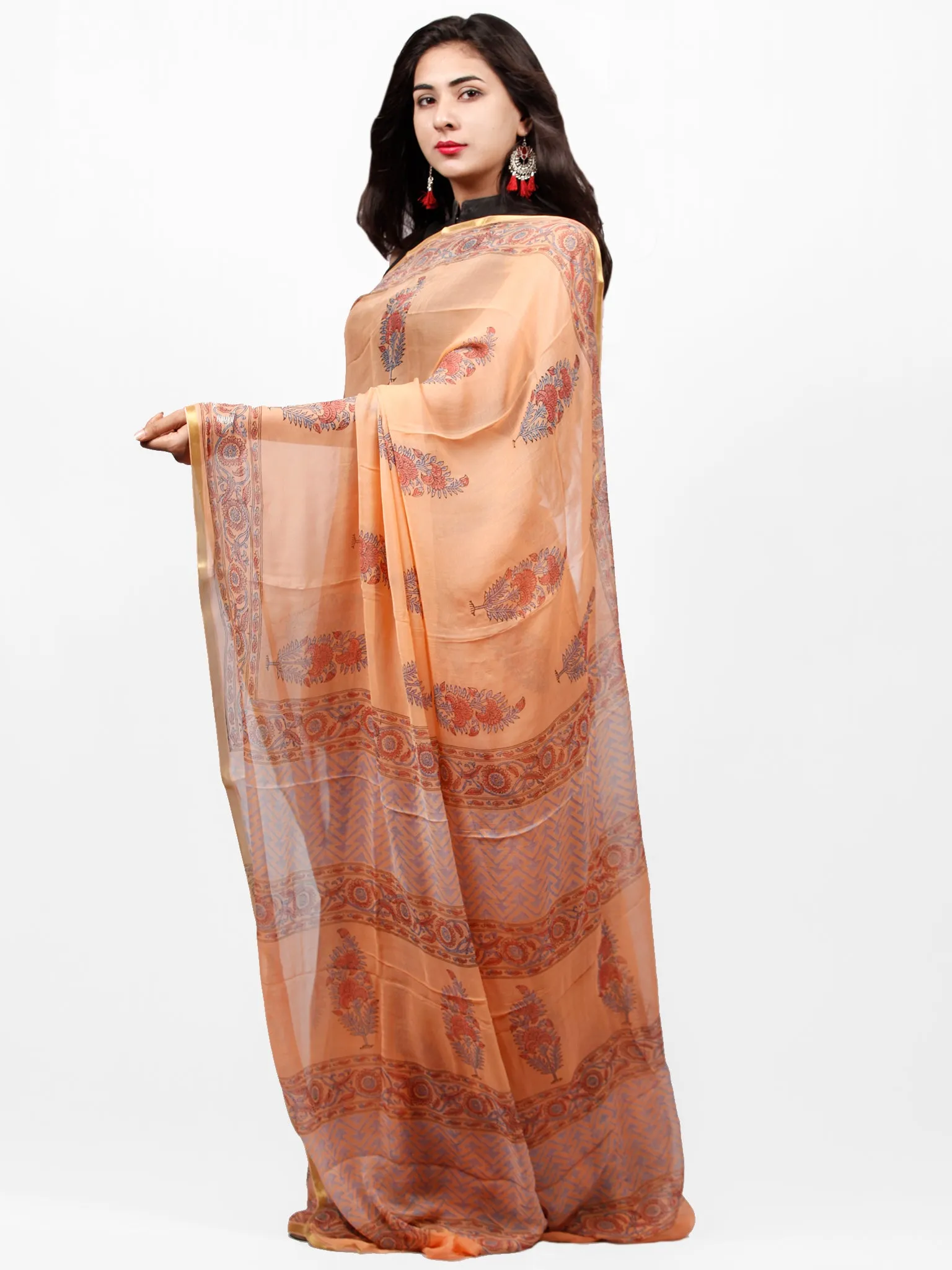Peach Coral  Hand Block Printed Chiffon Saree with Zari Border - S031703285