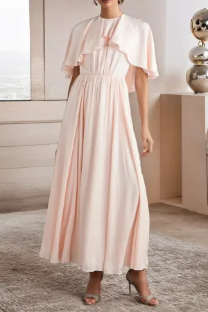 Pearl Pink Chiffon Cape Sleeve A Line Ankle Length Prom Dress