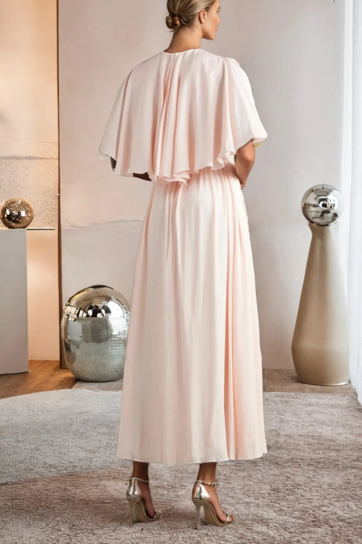 Pearl Pink Chiffon Cape Sleeve A Line Ankle Length Prom Dress