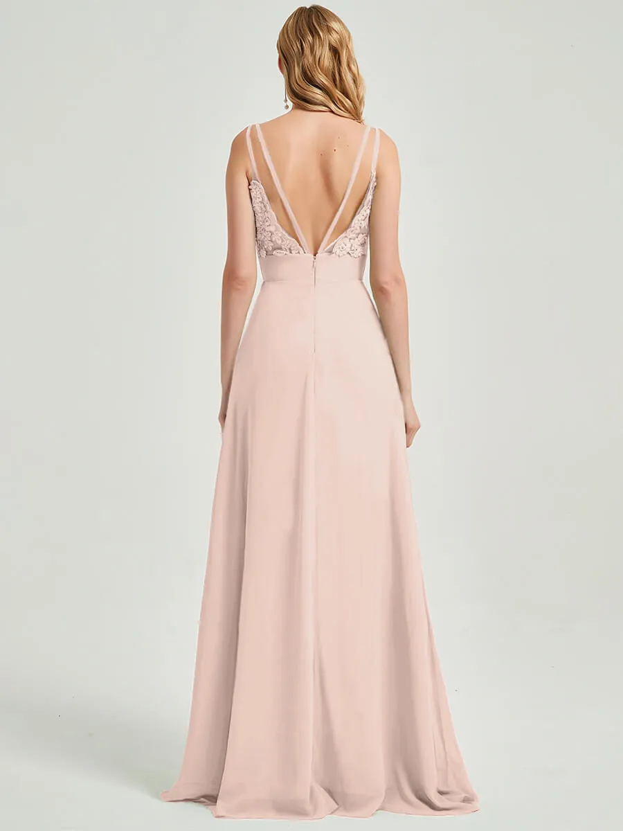 Pearl Pink Spaghetti Straps V-Neck Slit Lace Chiffon Bridesmaid Dress