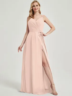 Pearl Pink Spaghetti Straps V-Neck Slit Lace Chiffon Bridesmaid Dress