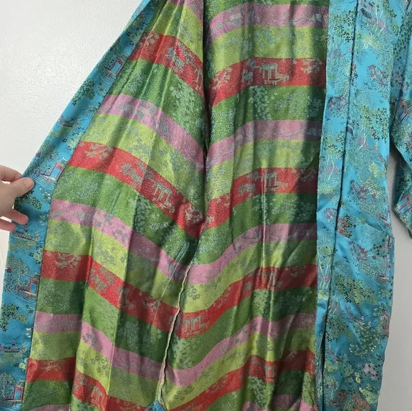 Peony Brand Kimono Robe Womens S Blue Satin Shanghai Vintage Chinese Jacket