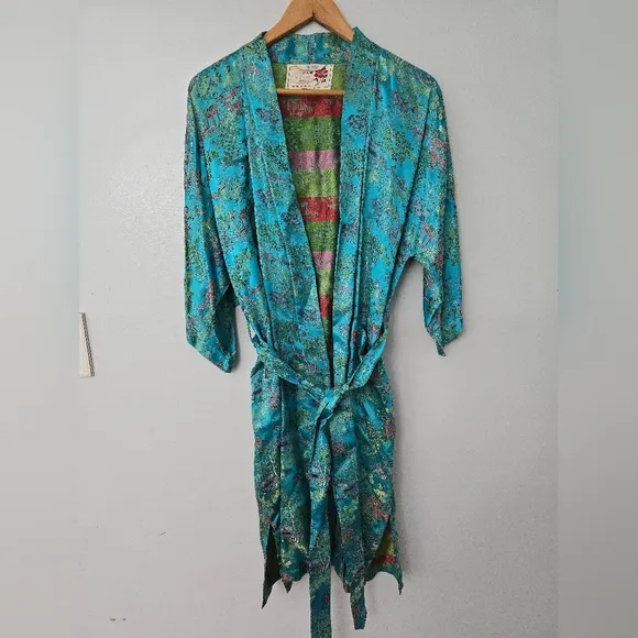 Peony Brand Kimono Robe Womens S Blue Satin Shanghai Vintage Chinese Jacket