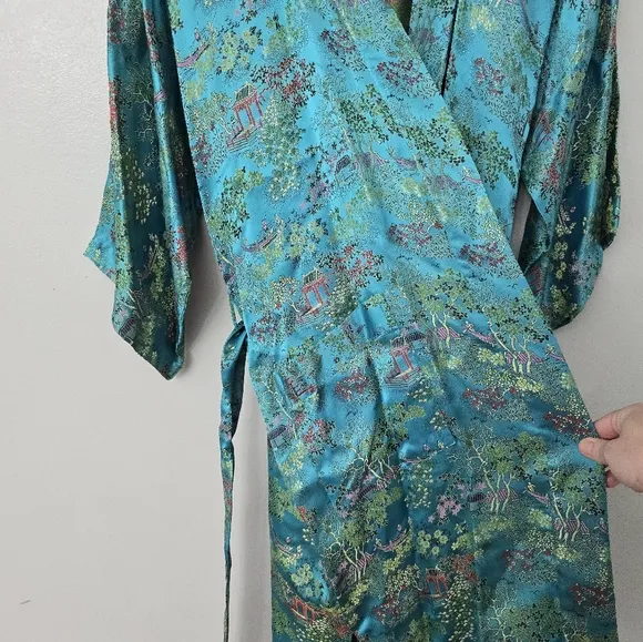 Peony Brand Kimono Robe Womens S Blue Satin Shanghai Vintage Chinese Jacket