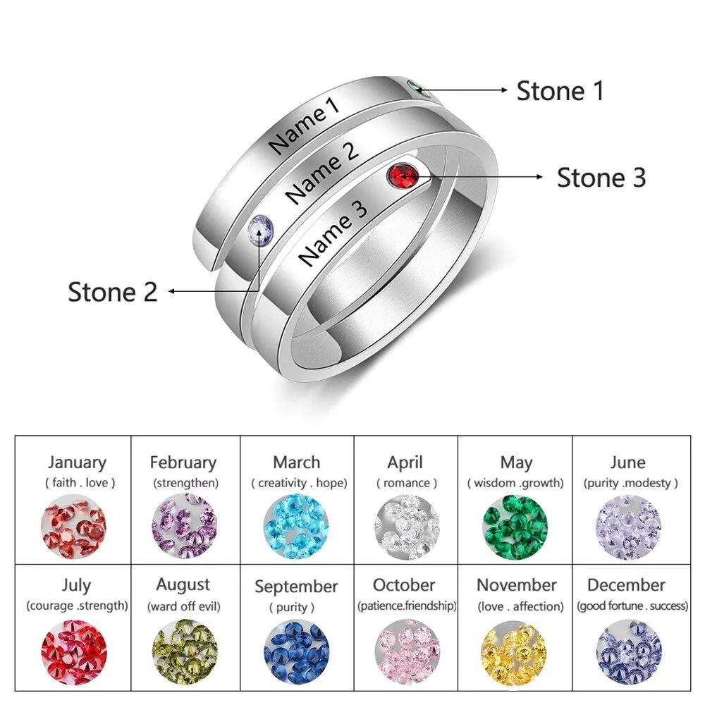 Personalized Silver Ring - Three Custom Names - Three Custom Birthstones - Customized Gifts
