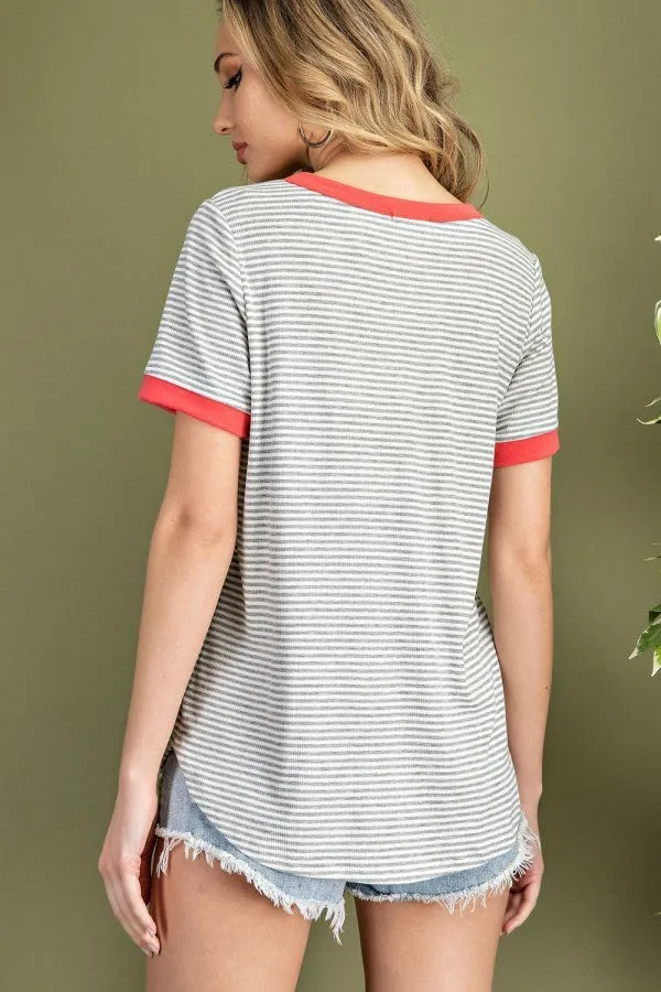 Pin Stripe Curved Hem Knit Top