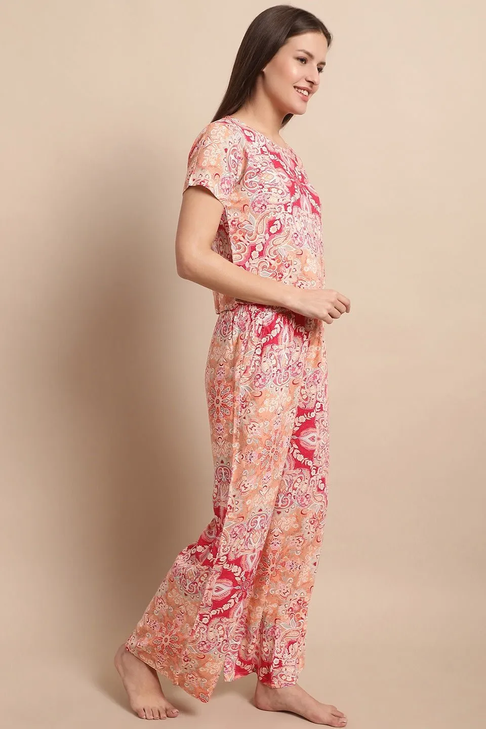 Pink Color Printed Viscose Rayon Night Suit for Women | S-XL | Claura