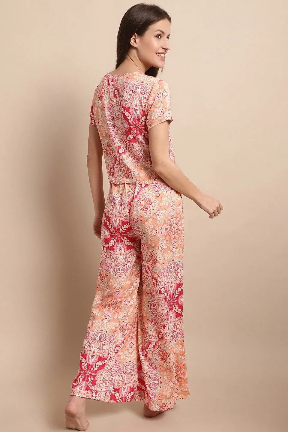 Pink Color Printed Viscose Rayon Night Suit for Women | S-XL | Claura