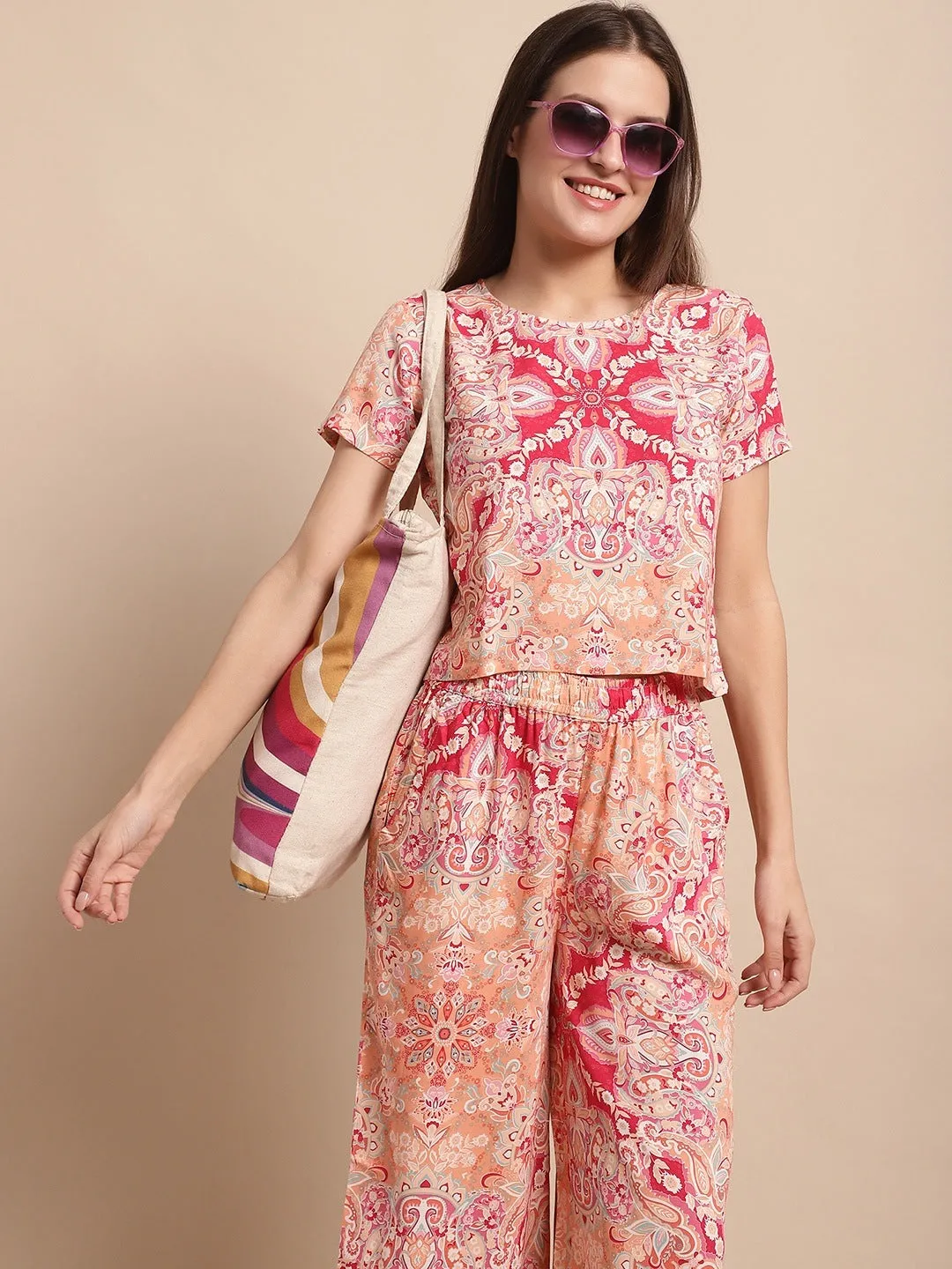 Pink Color Printed Viscose Rayon Night Suit for Women | S-XL | Claura
