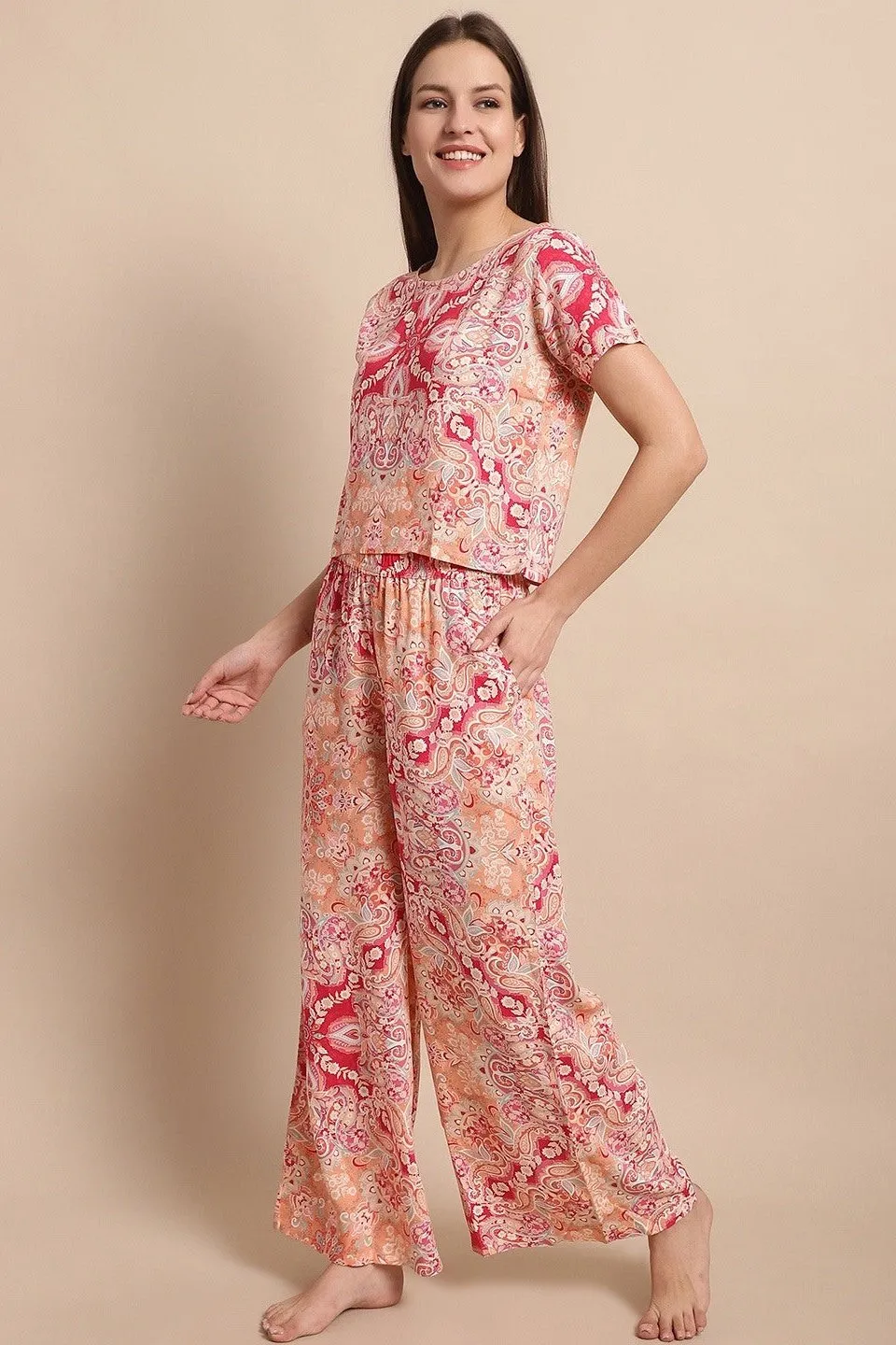 Pink Color Printed Viscose Rayon Night Suit for Women | S-XL | Claura