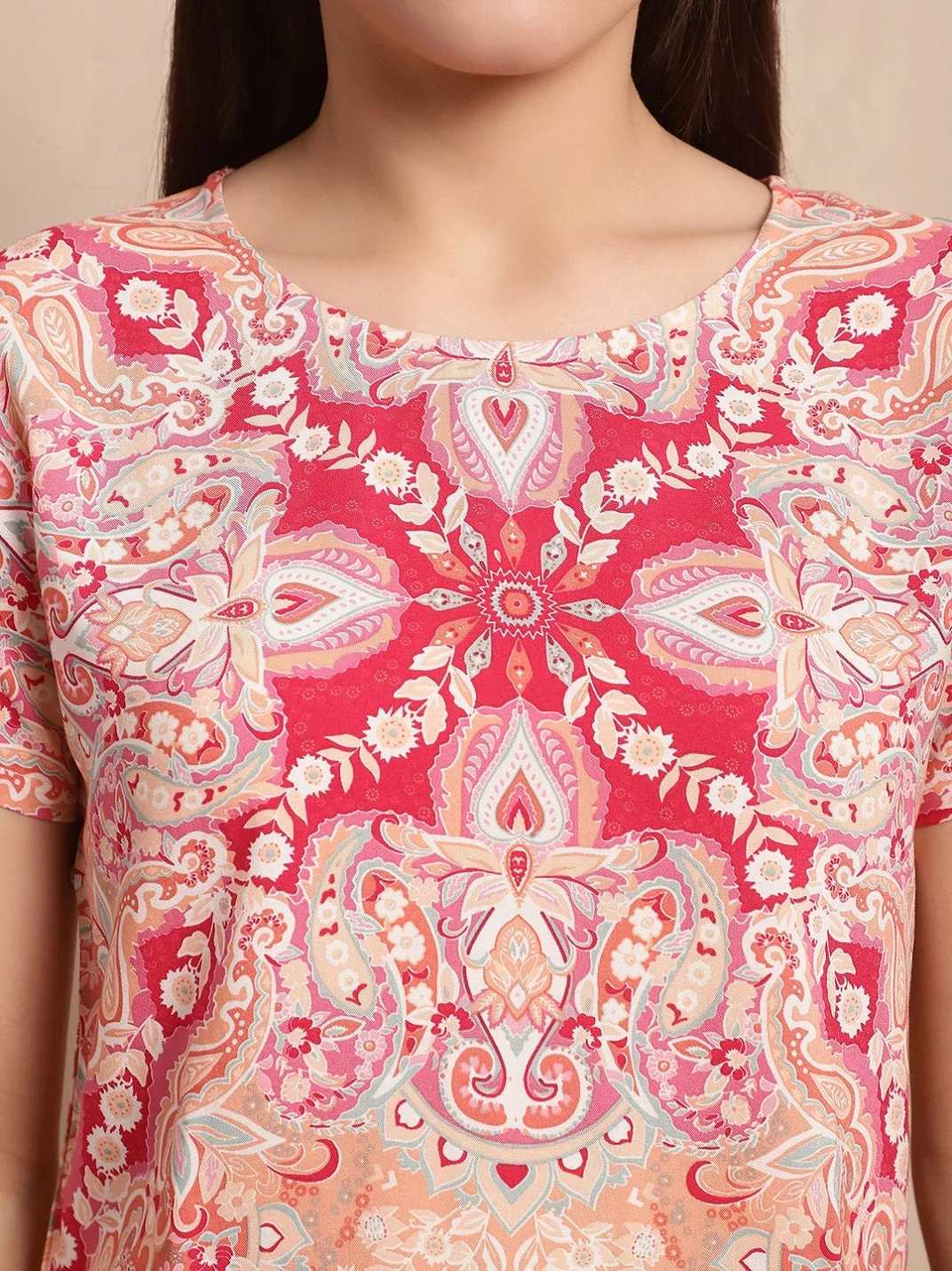 Pink Color Printed Viscose Rayon Night Suit for Women | S-XL | Claura