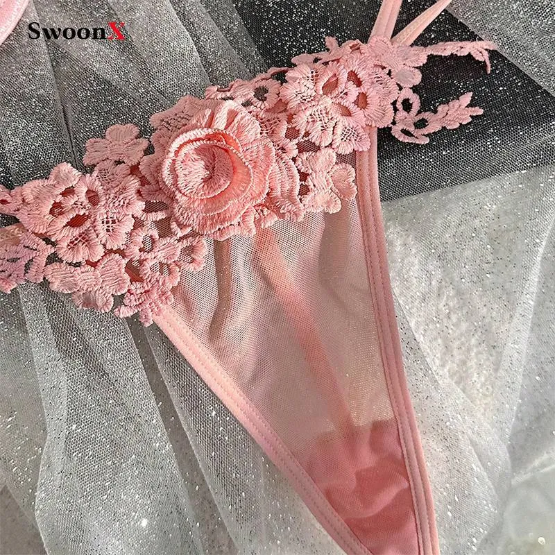 Pink Floral Sexy Lingerie Bra and Thong Set - Comfortable Fit