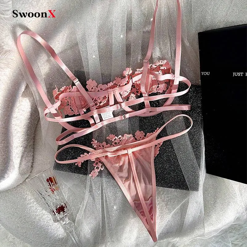 Pink Floral Sexy Lingerie Bra and Thong Set - Comfortable Fit