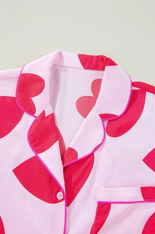 Pink Heart Print Pajama Set – Soft & Cozy Loungewear for Women