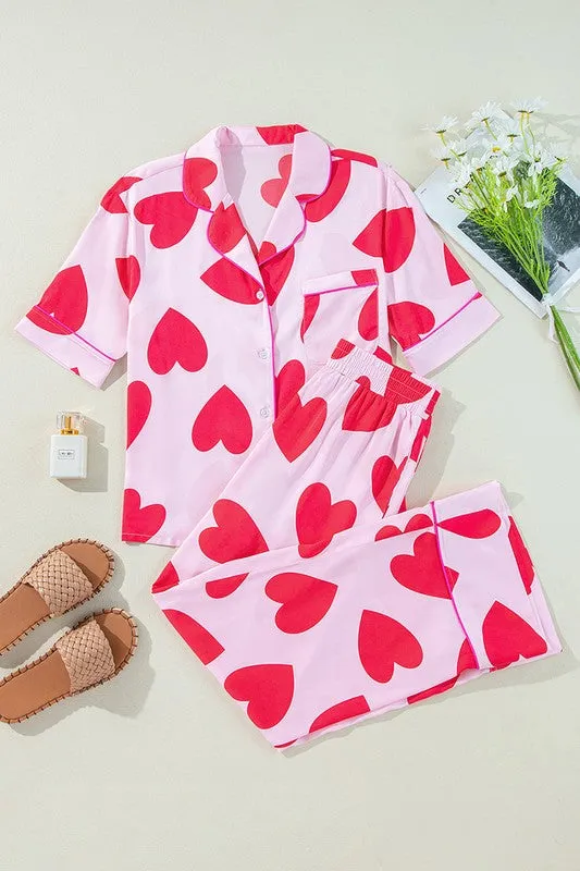 Pink Heart Print Pajama Set – Soft & Cozy Loungewear for Women