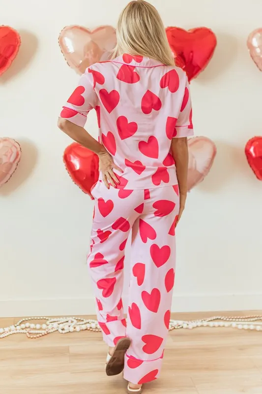 Pink Heart Print Pajama Set – Soft & Cozy Loungewear for Women