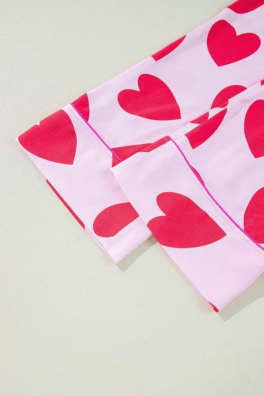 Pink Heart Print Pajama Set – Soft & Cozy Loungewear for Women