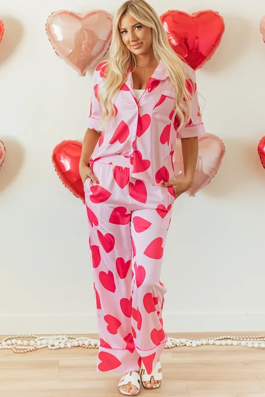 Pink Heart Print Pajama Set – Soft & Cozy Loungewear for Women