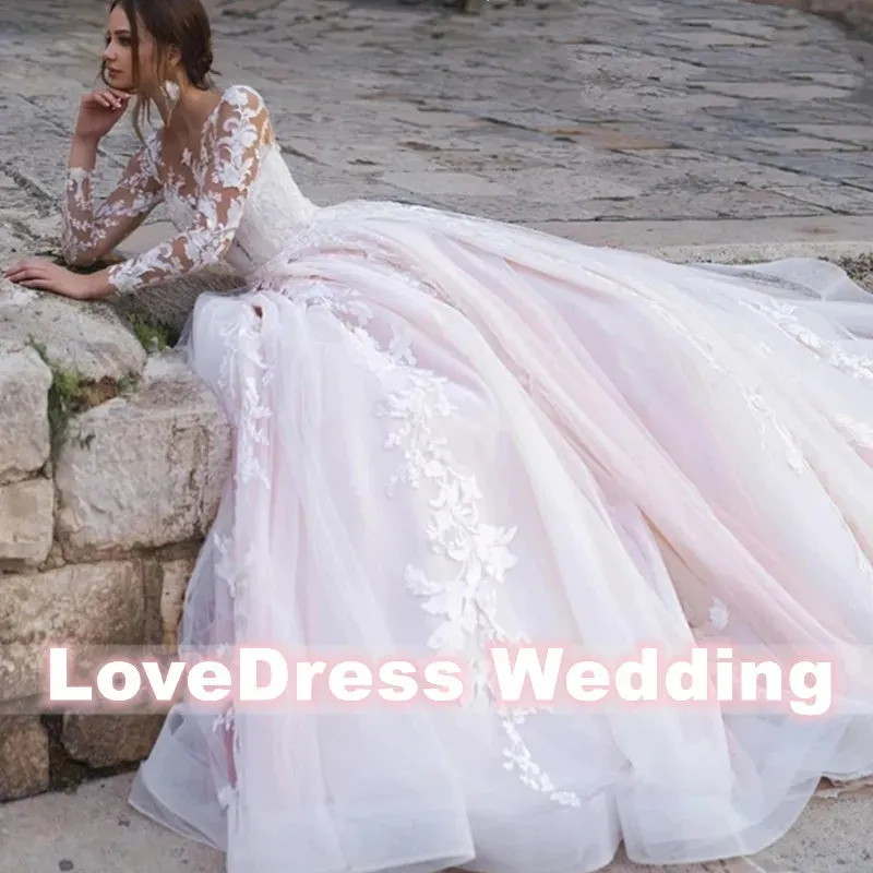 Pink Long Sleeves Wedding Dress Ball Gown Lace Appliques