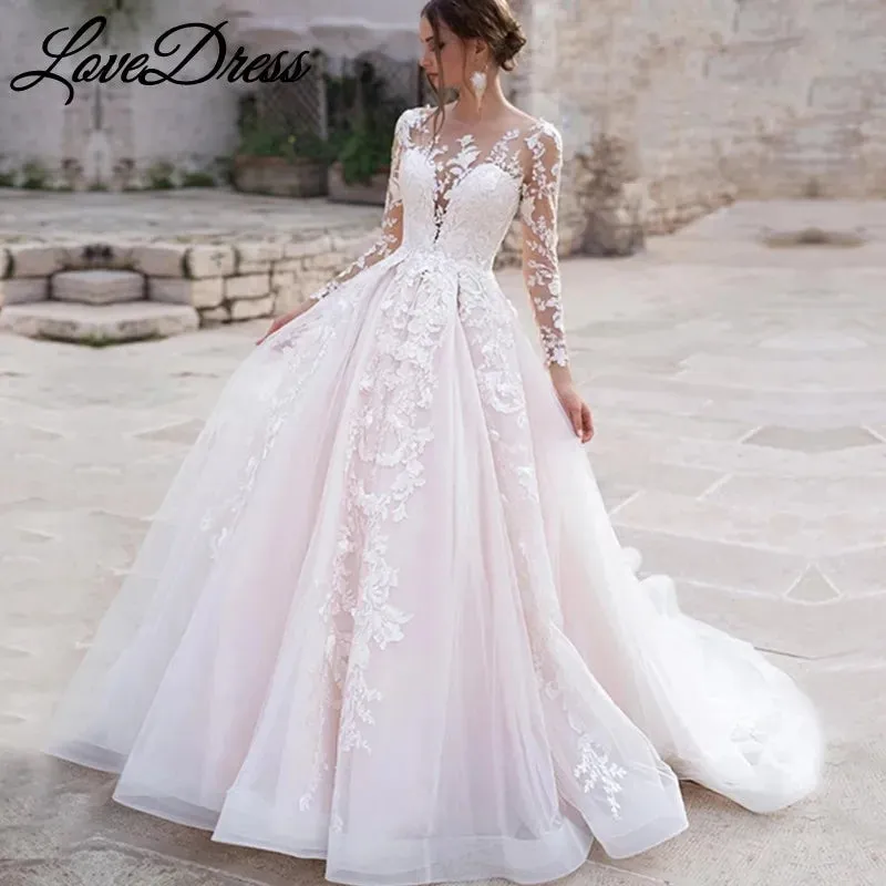 Pink Long Sleeves Wedding Dress Ball Gown Lace Appliques