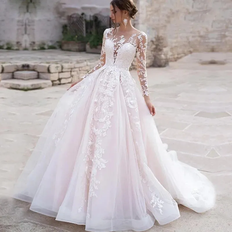 Pink Long Sleeves Wedding Dress Ball Gown Lace Appliques