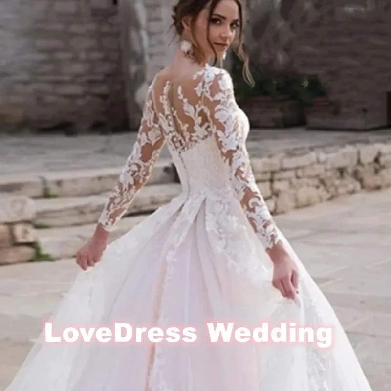 Pink Long Sleeves Wedding Dress Ball Gown Lace Appliques