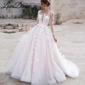 Pink Long Sleeves Wedding Dress Ball Gown Lace Appliques