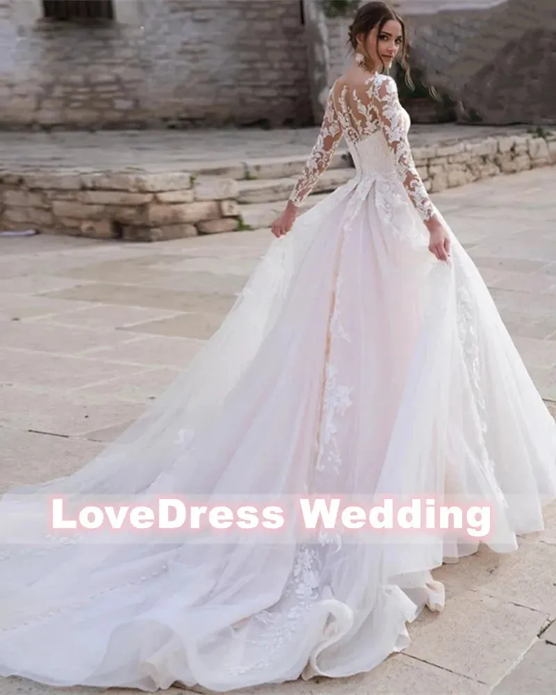 Pink Long Sleeves Wedding Dress Ball Gown Lace Appliques