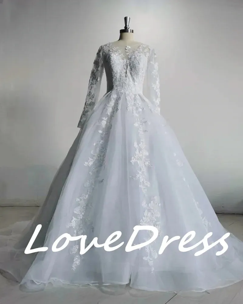 Pink Long Sleeves Wedding Dress Ball Gown Lace Appliques