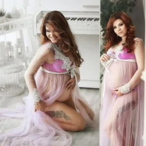 Pink Maternity Photoshoot Lace on Mesh Gown Robe
