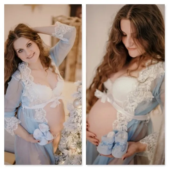 Pink Maternity Photoshoot Lace on Mesh Gown Robe